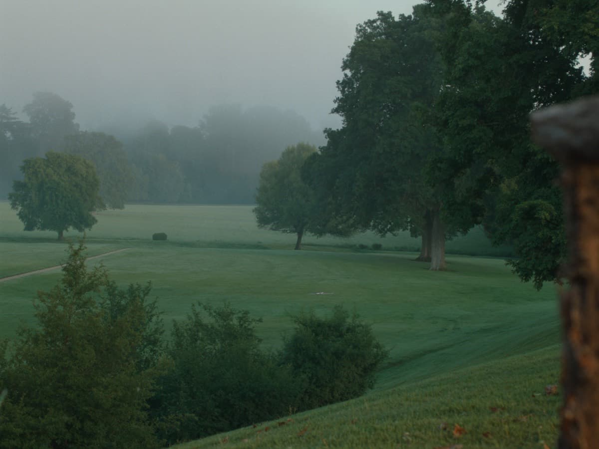 Misty parkland of a French country estate at dawn, with a yoga mat unrolled on the grass